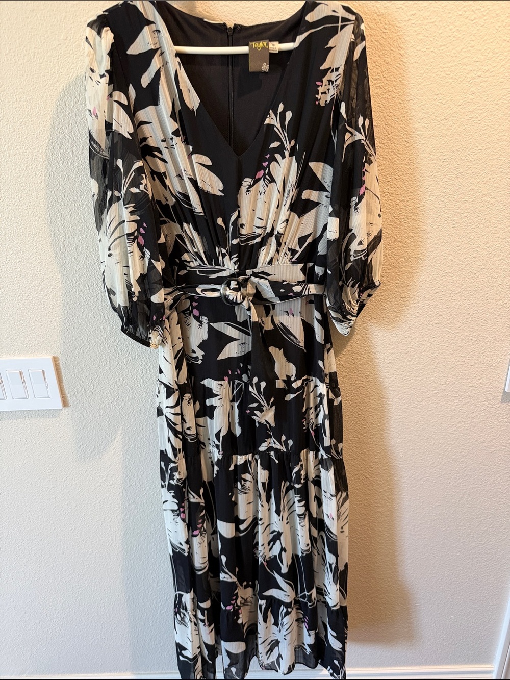 Taylor Black & Cream Floral Tie-Waist Maxi Dress